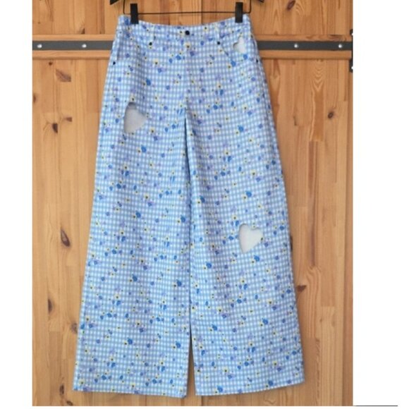 NWOT FOR LOVE AND LEMONS WIDE LEG PANSY BLUE GRID BAGGY DENIM JEANS SIZE S - Picture 1 of 5